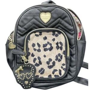 Betsey Johnson Black Leopard Mini Backpack crossbody w/ Skull Studded Bag Charm